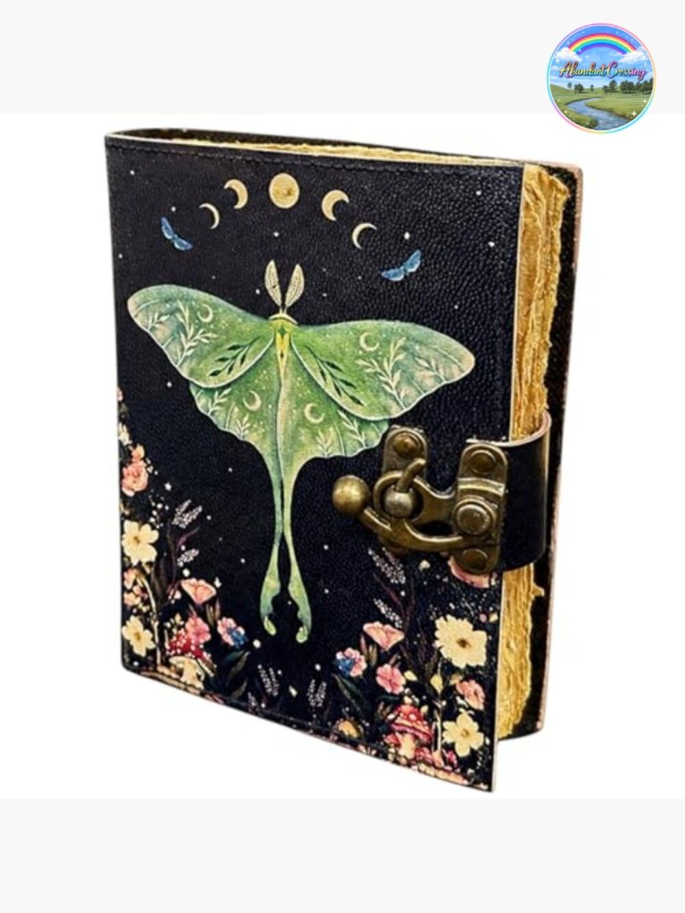 Vintage Handmade Leather Journal with Lock Clasp Luna Moths Print - Picture 6 of 6
